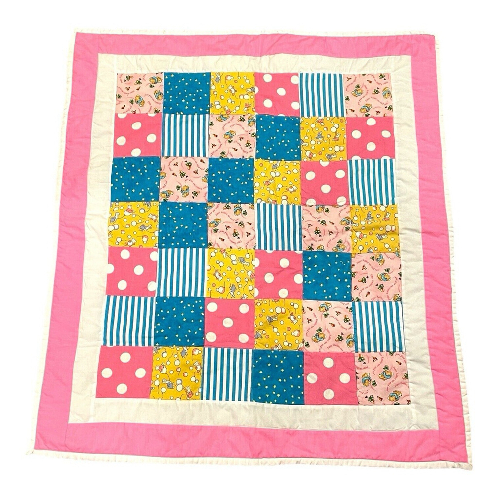 Handmade Baby Quilt Peter Rabbit Patchwork Blanket Bunnies Star Polka Dots 30x35 - Picture 2 of 9